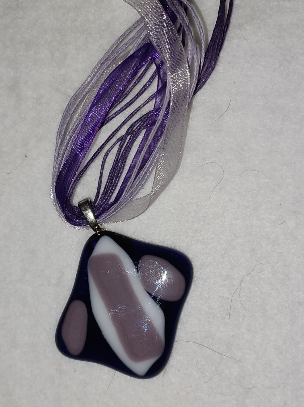 Handmade Purple Glass Pendant Necklace with Purple Ribbon Tassel